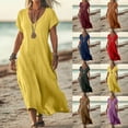 thumbnail image 1 of WRKEKC Robes d'Été Décontractées pour Femmes, Robes d'Été Grande Taille, Robe Jupe à Manches Courtes en Lin Uni à Col en V pour Femmes, 1 of 7