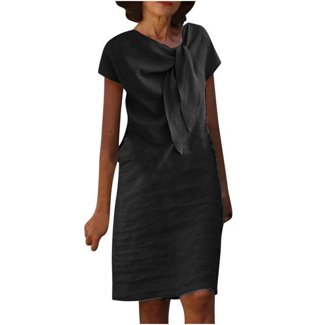 Robes pour Femmes 2024 Été Oversize Col Rond à Nouer Manches Courtes Couleur Coton Coton Lin Robe Longueur Genou Robe à Manches Courtes et Col Ras du Cou Rabais de 50 % Liquidation!