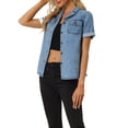 thumbnail image 4 of INSPIRE CHIC Women's Denim Jacket Short Sleeve Collared Button Up Jean Shirt Tops Light Blue XS, 4 of 5