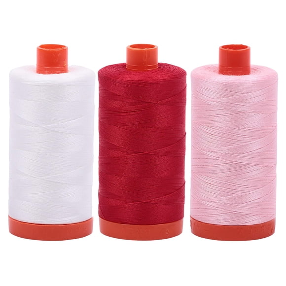 Aurifil Cotton Mako 50wt 1300m 2-Pack: (Natural) White + Red + (Baby) Pink (2021+2250+2423)