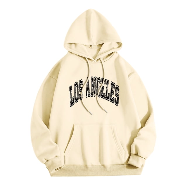 LUOGENLI Chandails à Capuche Mode pour Hommes Los Angeles Hommes Femmes à Lettres Graphique Imprimé à Capuche Col Rond Manches Longues Chandail Hauts Chandails à Capuche pour Hommes à Fermeture Éclair Grande Taille Beige Taille P