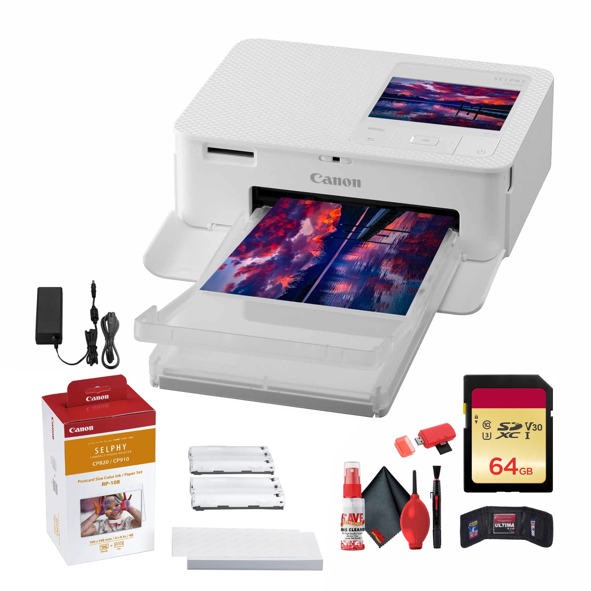 Canon SELPHY CP1500 Compact Photo Printer (White) (5540C002) + Canon RP-108 Color Ink and Paper Set + 64GB Ultra Memory Card + Cleaning Kit + Memory Card Wallet + Card Reader(International Model)