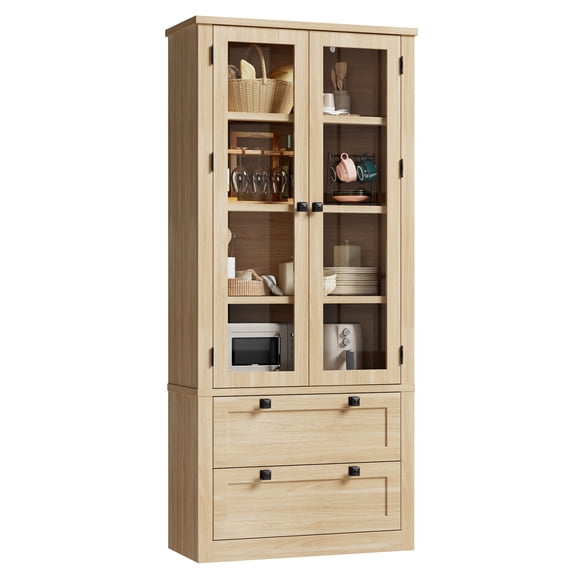 Armoire Garde-Manger de Cuisine Style Ferme Moderne avec Portes en Verre – 72 Pouces de Hauteur, 2 Grands Tiroirs, Tablettes Ajustables, Armoire de Rangement Polyvalente pour Salle à Manger, Salle de Bain, Salon – Fini Bois Naturel