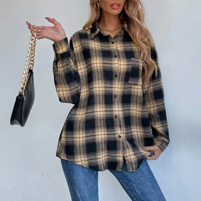 Qertyioot Mode Hiver Femmes Veste Décontractée Imprimée Manches Longues Hauts Manteau à Carreaux