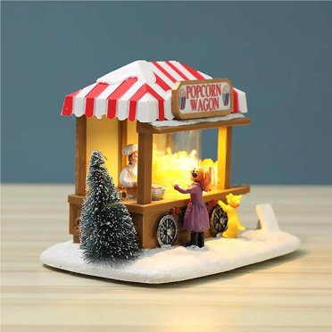 Maoww Christmas Village House Popcorn Truck Scene Glowing Ornament Craft Figurine Holiday Children Party Adult Wedding Home