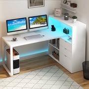 Dextrus 55“ L Shaped Desk with Power Outlets & LED Lights, Computer Desk with 3 Drawers and 3 Storage Shelves, White Office Desk Corner Desk for Home Office