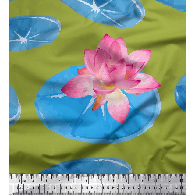 Soimoi Velvet Fabric Leaves & Lotus Flower Print Fabric by the Yard 58 Inch Wide