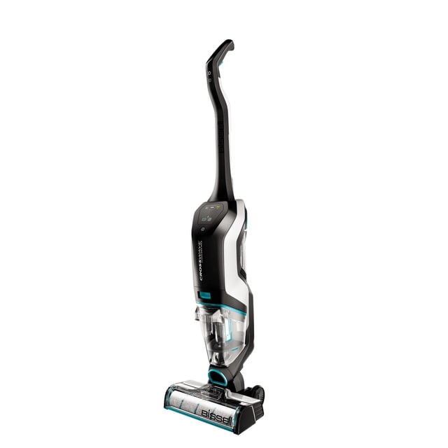 BISSELL® CrossWave® Aspirateur-balai Sans Fil Max Multi-Surfaces et Lave-Planchers en Noir et Blanc avec Deux Réservoirs d'Eau Transparents et accents Bleus, avec un Panneau de Commande Numérique sur la Poignée et un Rouleau de Brosse visible sur la Tête de Nettoyage avant, Montré dans une Vue avant Inclinée sur un Fond Blanc, Idéal pour Aspirer et Laver Sans Fil des Planchers Durs Scellés et des Tapis de Zone.