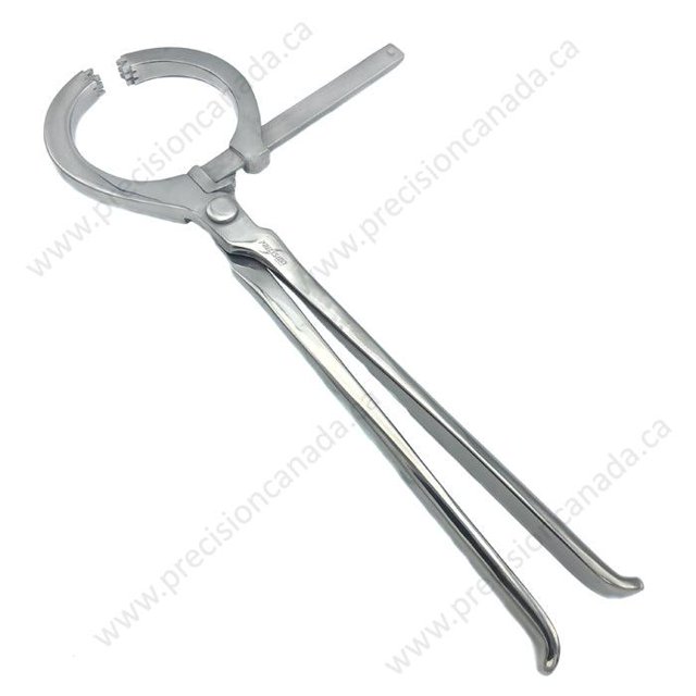 Adjustable Hoof Tester made of forged steel, featuring a versatile design with an adjustable mechanism that locks under pressure at the upper tip for secure use. The tool has sharp edges for quicker testing and is suitable for various hoof sizes. Manufactured by Precision-Canada.