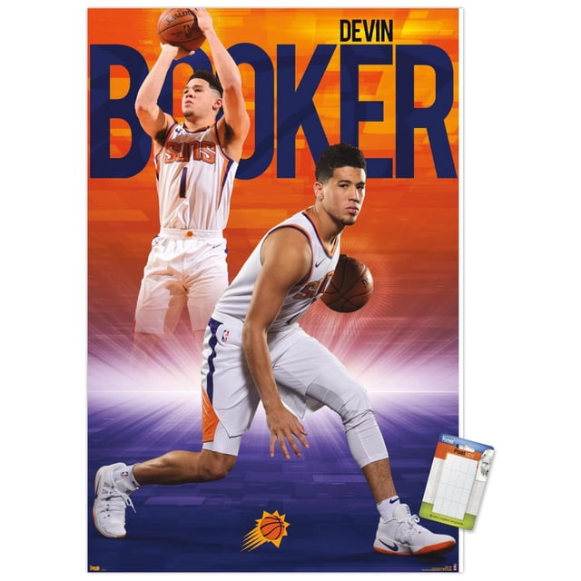 NBA Phoenix Suns - Devin Booker 18 Affiche Murale, 22,375 Po x 34 Po Encadrée Présentant Deux Photos d'Action de Devin Booker en Uniforme Blanc des Phoenix Suns avec accents orange et Violet, une pour Dribbler et une pour Tirer, sur Fond Dégradé orange et Violet avec Grand Texte Bleu « Booker » et le logo des Suns au Bas.