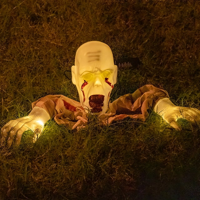 Décorations d'Halloween Extérieures, Piquet Éclairé, Décorations d'Halloween Effrayantes, Piquet et Visage de Bras de Squelette Réalistes pour Jardin et Maison, Hallo Effrayant