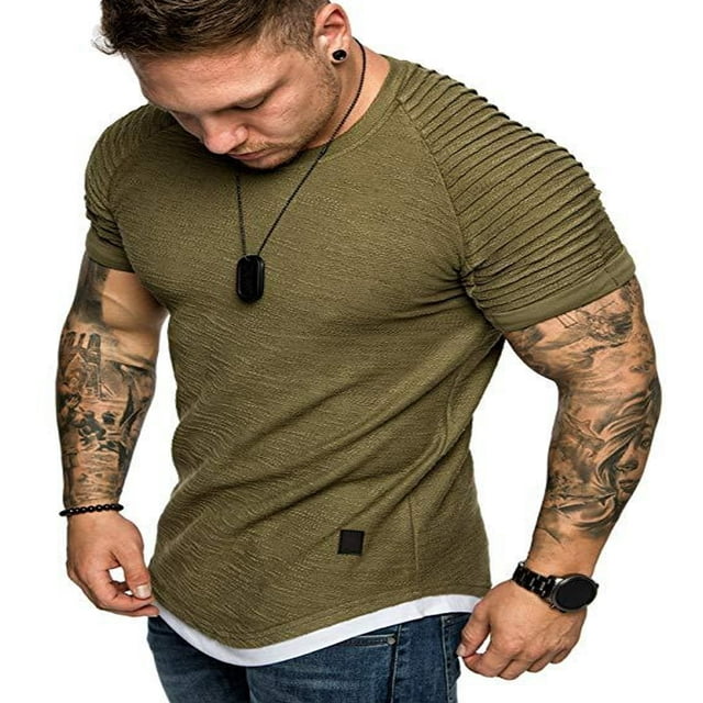 Men Solid Slub Cotton Pleated Short Sleeve Slim Fit T Shirt