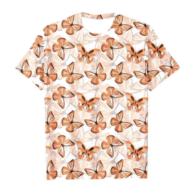 T-shirts Filles Manches Courtes Imprimé Papillons Décontracté Hauts Filles Orange 2-3 Ans