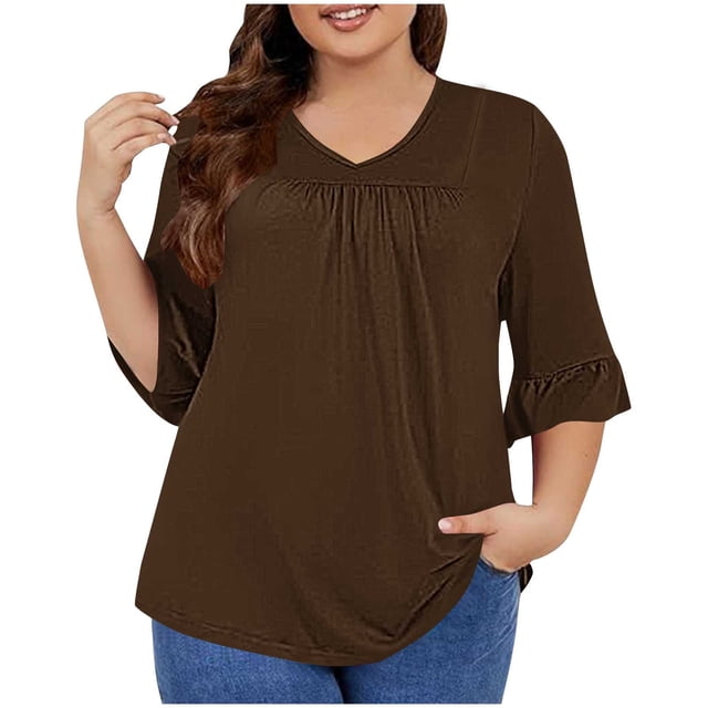 Timegard Hauts Grande Taille pour Femmes Col en V Froncé à Volants Manches 3/4 T-Shirts Confortables Décontractés Amples