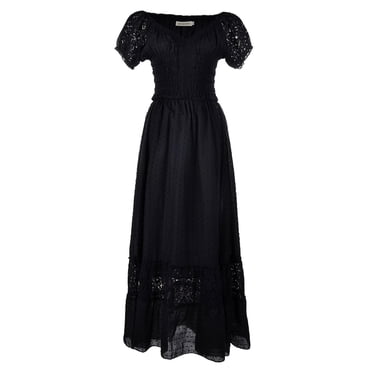 Robe Maxi à Manches Cap, Bordure en Dentelle, Style Bohème Renaissance Paysanne pour Femme, Noire, Très Grande