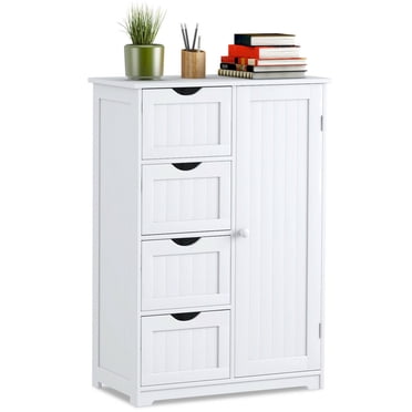 Costway Armoire de Salle de Bain en Bois à 4 Tiroirs, Armoire de Rangement, 2 Tablettes, Autoportante, Blanche