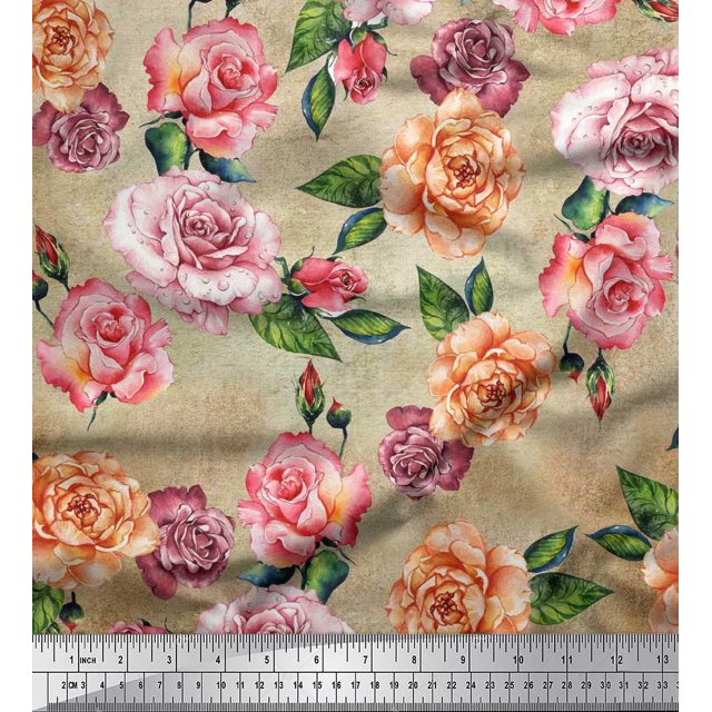Soimoi Tissu en Soie Marron Imprimé Feuilles & Roses au Mètre 42 Pouces de Large