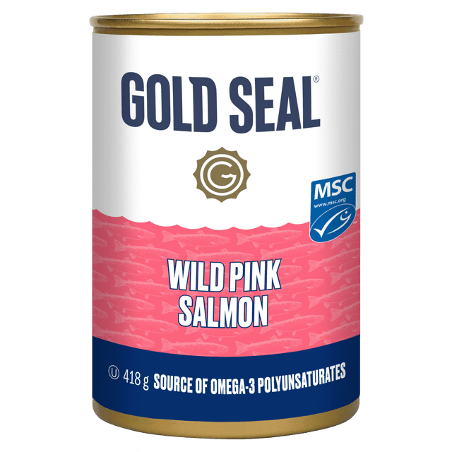 GOLD SEAL PINK SALMON 418G can with white top, pink middle featuring fish pattern, and blue bottom label displaying Gold Seal logo and MSC certification, wild caught pink salmon rich in omega-3 polyunsaturates, ideal for pantry canned fish and seafood selection