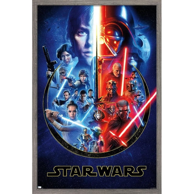 Star Wars - Skywalker Saga Wall Poster, 22.375" x 34", with a split blue and red design. The blue side shows Jedi characters with blue lightsabers and droids like Yoda, C-3PO, and R2-D2. The red side features Sith characters wielding red lightsabers, including Darth Vader and Kylo Ren, set against a starry space background with the Death Star and Star Destroyers. Framed in gray wood with the Star Wars logo at the bottom, ideal for decorating bedrooms, offices, or dorm rooms.