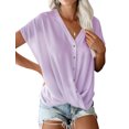 thumbnail image 1 of T-Shirt Femme Couleur Unie Col en V Manches Chauve-Souris Croisé avec Boutons devant, 1 of 5