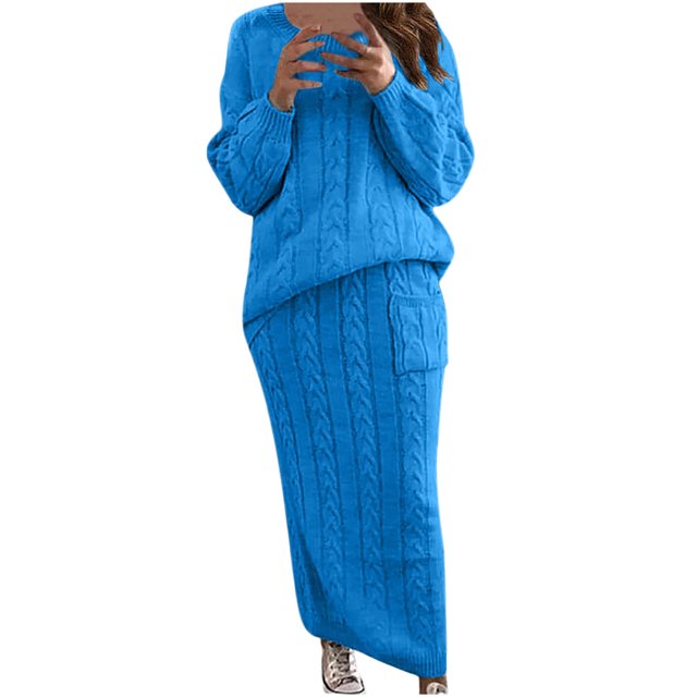 Pompotops Ensemble Jupe Chandail Deux Pièces Chaud Tricoté à Manches Longues Col Rond Couleur Unie pour Femmes