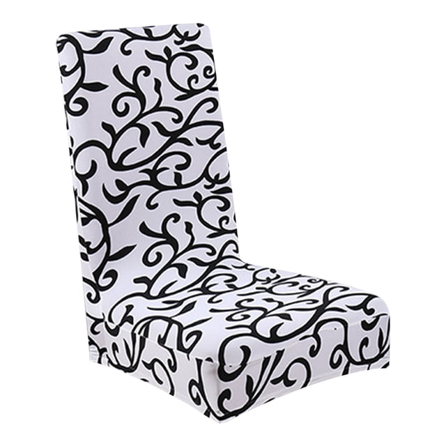 Yykcavykas Popular Picks Household Modern Universal Wind Chair Cover|D-368 featuring a black and white vine pattern. Made from 95% polyester and 5% spandex, this stretchy slipcover fits dining chairs with back heights of 20-24 inches, seat lengths of 14-20 inches, and seat widths of 14-20 inches. Designed for protection against spills, stains, and wear, it is wrinkle-resistant, washable, and easy to install with an elastic hem. Ideal for dining rooms, weddings, and celebrations.