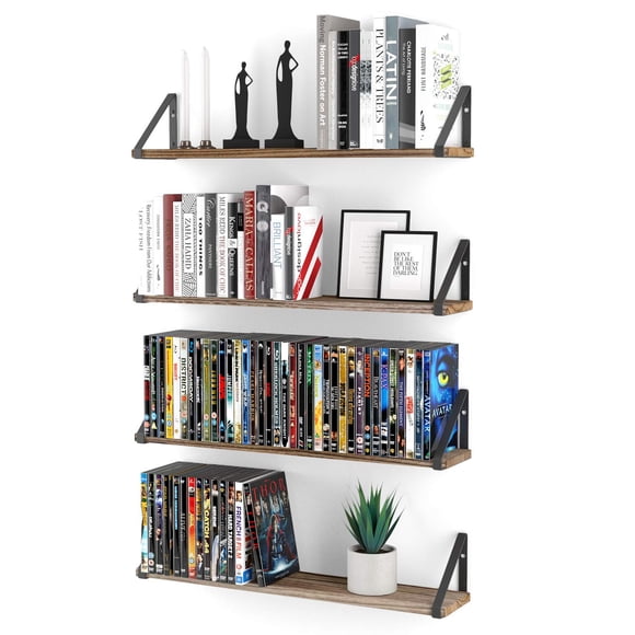 Wallniture Ponza Wood Floating Shelves for Wall, Rustic Wall Shelves for Living Room, 24" Bookshelf and DVD Storage Shelf Set of 4, Natural Burned