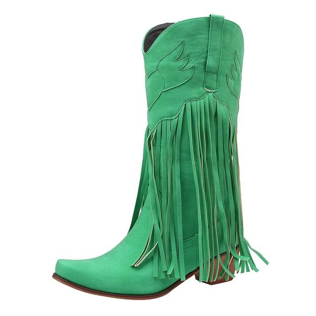 Kcodviy Womens Boots Comfortable Pull Women's Mid on Chunky Heel Pointed Women's Mid Toe Fringed Boots Western Women's Mid Knee High Boots Mid Women's Mid Boots