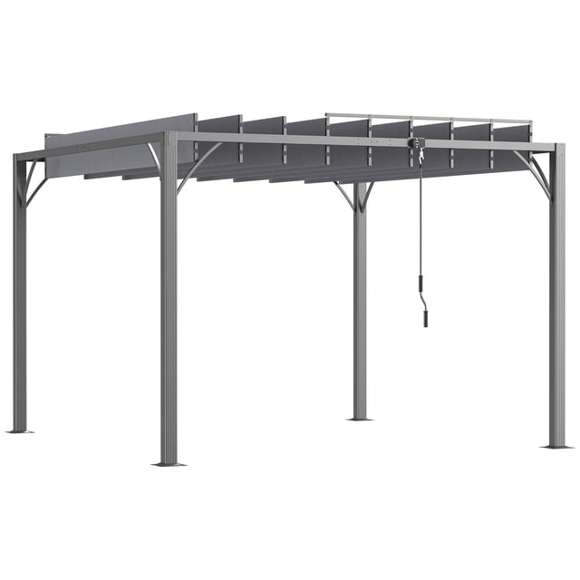 Outsunny pergola Extérieure à Persiennes 9,5 Pieds x 9,7 Pieds avec Toit Rétractable en Gris. la pergola Présente un Cadre durable en aluminium et en Acier avec un Toit à Persiennes Réglable à 135° pour la protection UV. Comprend un Auvent en polyester, des Piquets de Sol et des Vis d'Expansion pour la Stabilité. Idéale pour les patios, les Pique-Niques et les Rassemblements Extérieurs.