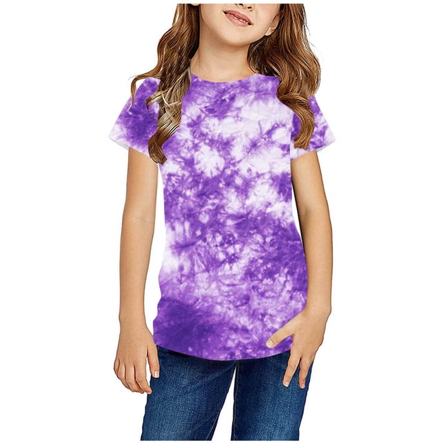 Offres pour Bébés! EQWLJWE T-Shirt Teinture sur Nœuds pour Filles, 3-14 Ans, T-Shirt Graphique Teinture sur Nœuds pour Enfants, Col Rond Coloré, Manches Courtes, Blouses d'Été Décontractées, T-Shirt Mignon