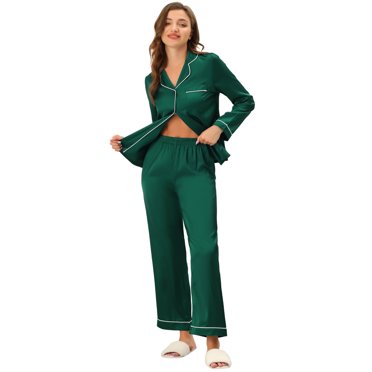 INSPIRE CHIC Ensembles de Pyjama en Satin pour Femmes Manches Longues Hauts et Pantalons 2 Pcs Tenue d'Intérieur TG Vert