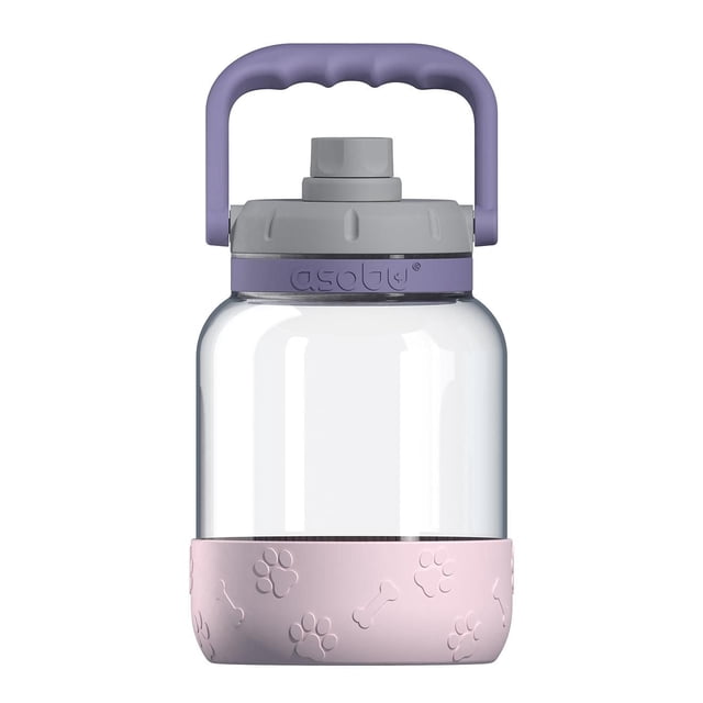 Asobu Barkley Dog Bottle with a 1-liter clear, lightweight, and scratch-resistant tritan body, gray screw cap, light purple ergonomic handle, and detachable light pink silicone dog bowl base embossed with paw prints and bones, ideal for dog travel hydration.