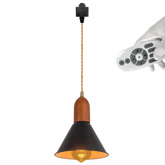 FSLiving H-Type Track Pendant Light with Cord Exterior Black and Interior White Shade Nordic Style Industrial Factory Wooden Socket with Smart Edison Bulbs Timer for Kitchen Island - 1 Pack