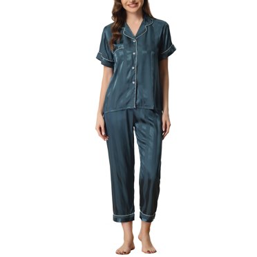 INSPIRE CHIC Pyjama 2 Pcs pour Femme en Satin, Chemise à Manches Courtes Boutonnée avec Pantalon Long, TP Bleu