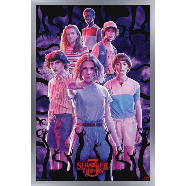 Netflix Stranger Things: Season 3 - Group Wall Poster, 14.725" x 22.375" featuring six characters in a triangular formation with a purple textured background and black claw-like shadows, printed on glossy paper with vibrant colors and framed in silver, suitable for decorating bedrooms, offices, or dorm rooms.