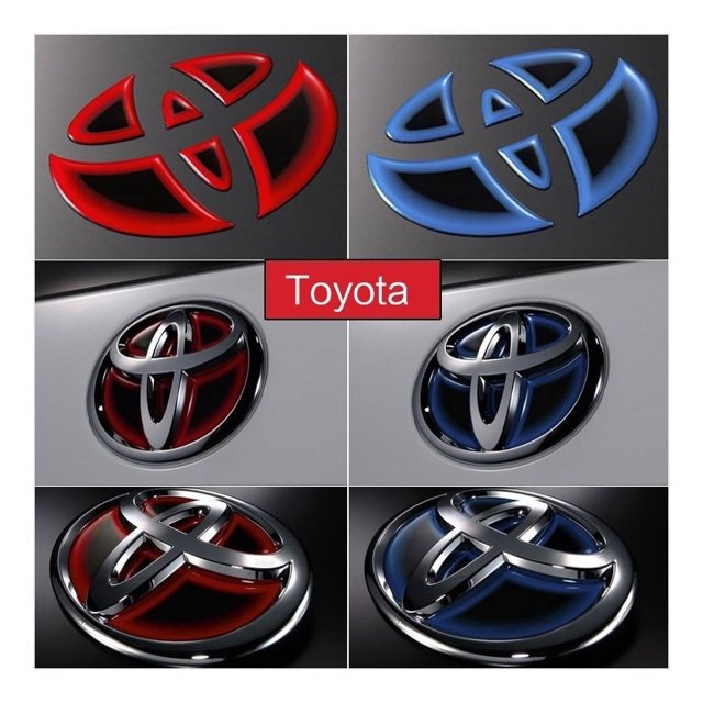 Toyota Car Steering Wheel Logo Decal featuring a high-quality waterproof glue design. The image showcases multiple variations of the Toyota logo decals in red and blue finishes, suitable for models like Highlander, Camry, Corolla, RAV4, and more. These decals are easy to install with a peel-and-stick application and are fully compatible with original parts. Ideal for enhancing the appearance of your car's steering wheel or exterior.