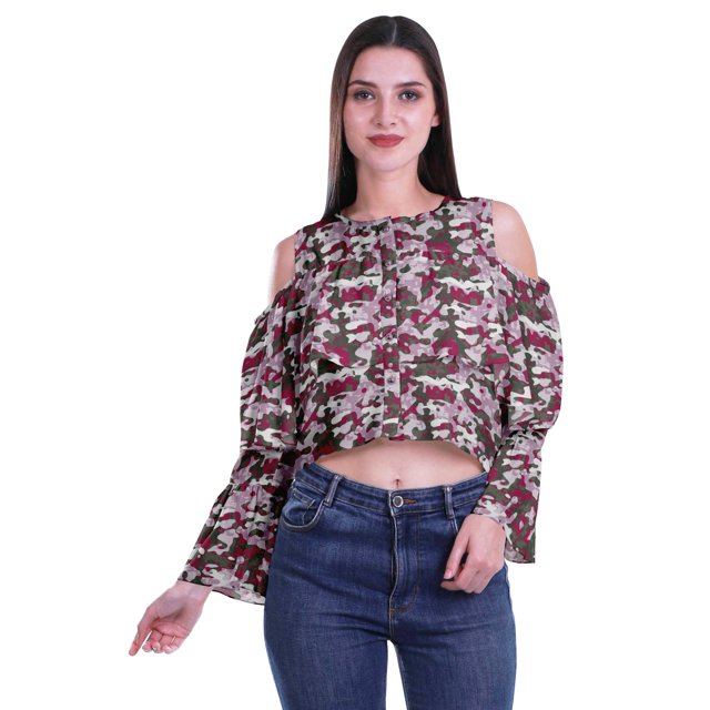 Moomaya Cold Shoulder Tops Shirts For Women Button Down Long Ruffle Sleeve Top