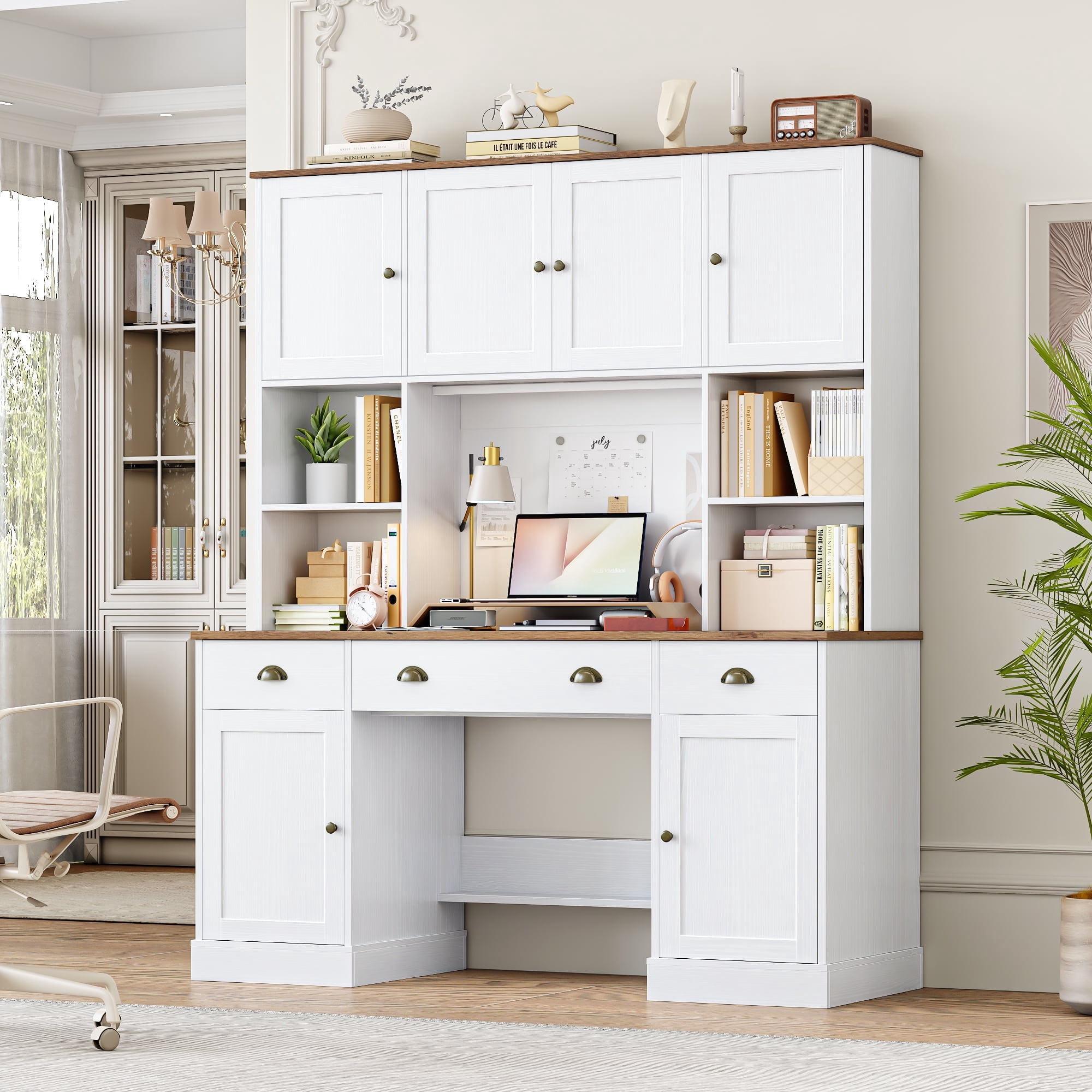 Homfa Computer Desk with Hutch & Adjustable Shelf, 3 Drawer Wooden Executive Desk for Home Office, White