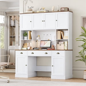 Homfa Bureau d'ordinateur avec Hutch & Tablette réglable, 3 Bureau exécutif en bois de tiroir pour le bureau à domicile, blanc