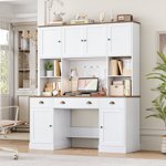Homfa Computer Desk with Hutch & Adjustable Shelf, 3 Drawer Wooden Executive Desk for Home Office, White