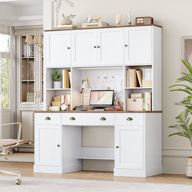 Homfa Computer Desk with Hutch & Adjustable Shelf, 3 Drawer Wooden Executive Desk for Home Office, White