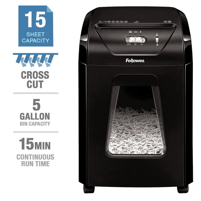 Fellowes Powershred 1500C Coupe Croisée Shredder avec une Finition Noire, Doté d'Une Capacité de Déchiquetage de 15 Feuilles par pass, d'Un Bac Coulissant de 5 Gallons et d'Une Fenêtre Transparente Montrant le Papier Déchiqueté. The Shredder Offre une Fonctionnalité de Coupe Croisée et une Autonomie Continue de 15 Minutes.