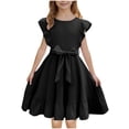 thumbnail image 3 of Milgrthf Robe à Volants pour Filles Robe Évasée Ceinturée Décontractée de Fête Couleur Unie avec Ceinture pour Adolescents de 6-16 Ans Noir, 3 of 9