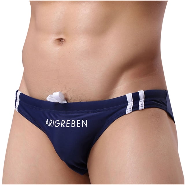 Men's Low Waist Solid Color Striped Drawstring Hot Spring Quick Dry Swimming Briefs