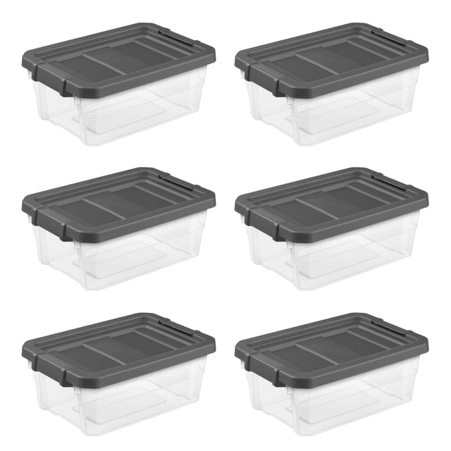 Sterilite 16 Qt Clear Plastic Storage Containers with Gray Lid (6 Pack) arranged in a grid. Each container has a clear plastic body for visibility and a gray lid with an indexed design for stacking. Suitable for organizing craft supplies, clothing, or office items. Dimensions: 18 x 12.6 x 7.2 inches.