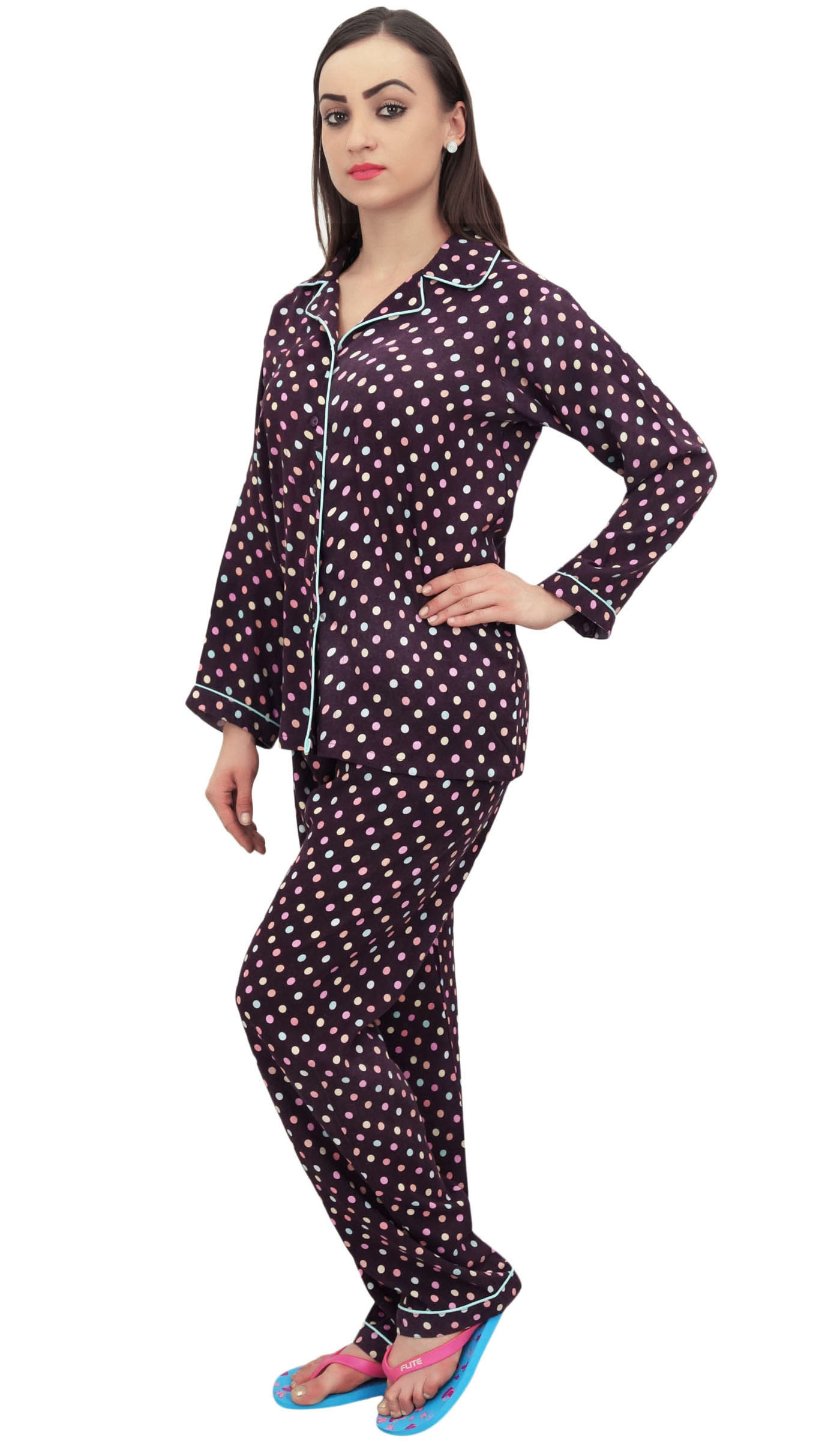 Bimba Dot Printed Wine Button-Down Shirt With Elastic Waist Pajama Pants-28