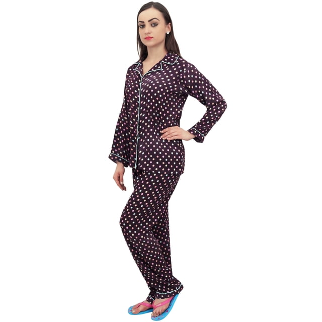 Bimba Dot Printed Wine Button-Down Shirt With Elastic Waist Pajama Pants-12