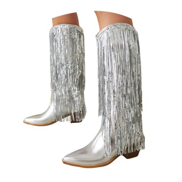 Dakaela Bottes de Cowboy à Franges pour Femmes, Bottillons de Cowgirl à Paillettes Métalliques, Style Western à Enfiler avec Pompons