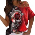 thumbnail image 1 of Birdeem T-Shirt Décontracté Col Asymétrique pour Femmes Imprimé Rose Épaules Dénudées, 1 of 5