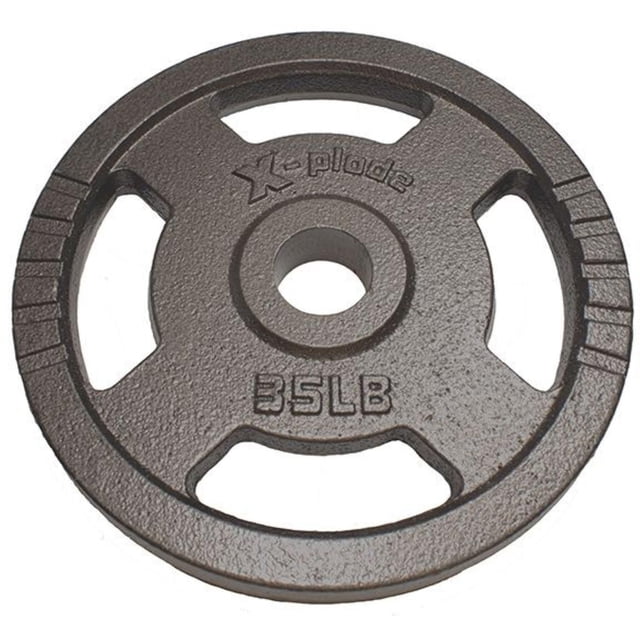 Progression Fitness X-Plode Olympic Weight Plate Hammertone 35lb with textured hammertone finish, three ergonomically molded handle grips, and notched outer rim for secure grip and safer handling during strength training and explosive leg exercises.